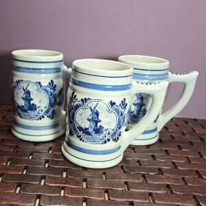 Set of 3 Vintage 1986 Norelco Delfts Blauw Hand-Painted Porcelain Steins
